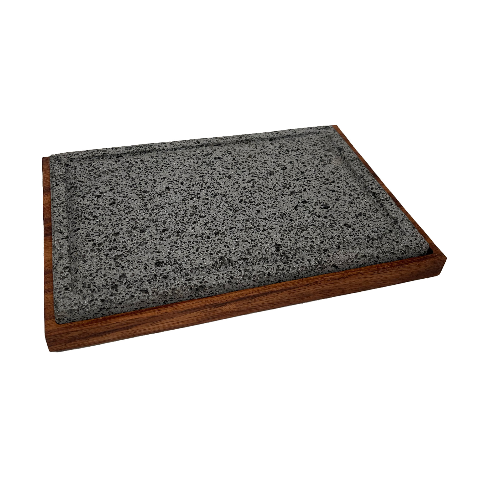 Plato Caxit De Piedra Volcánica Con Base De Madera Parota