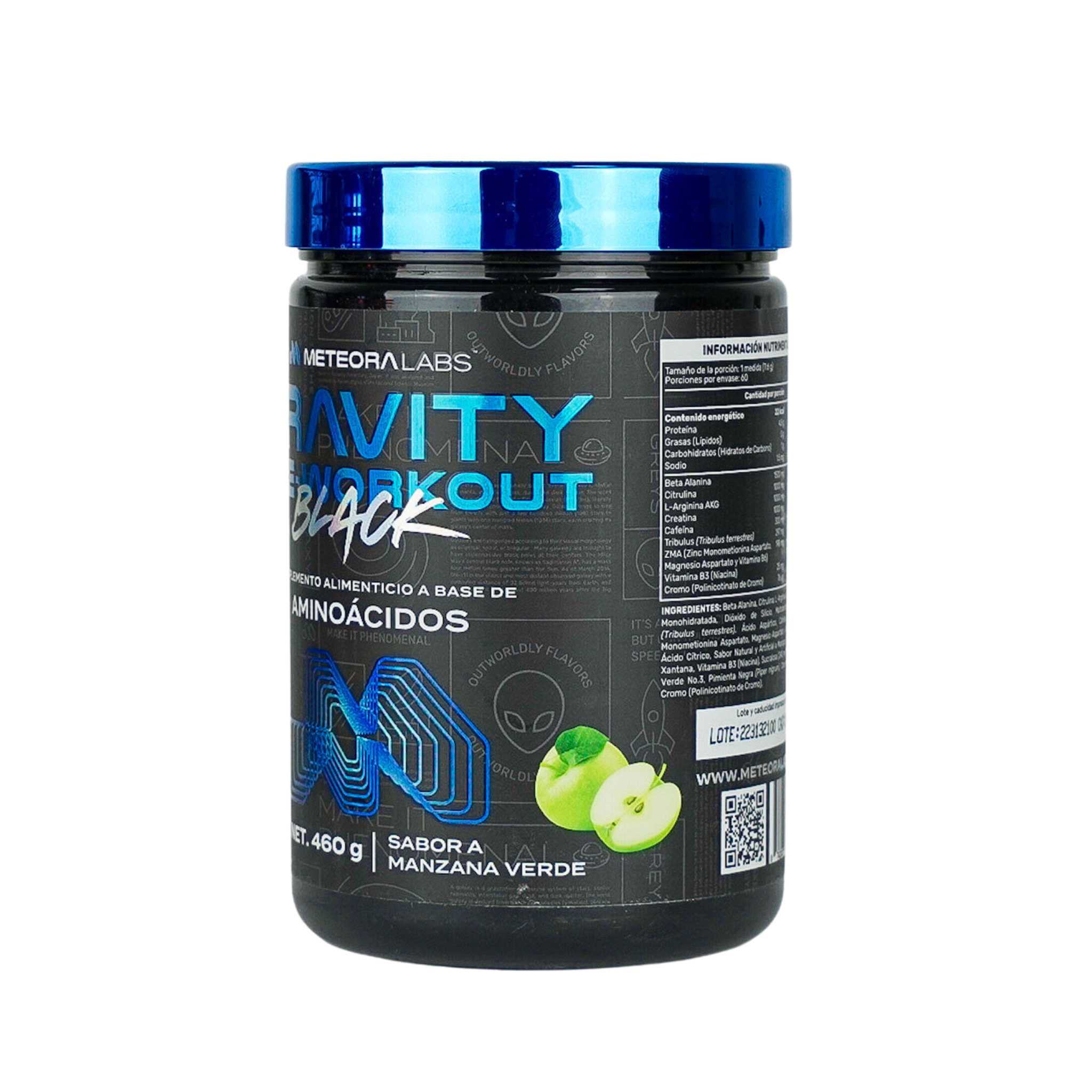 Meteora Labs, Gravity Black Test, Pre-Workout, Tribulus, Manzana Verde, 60 Servicios
