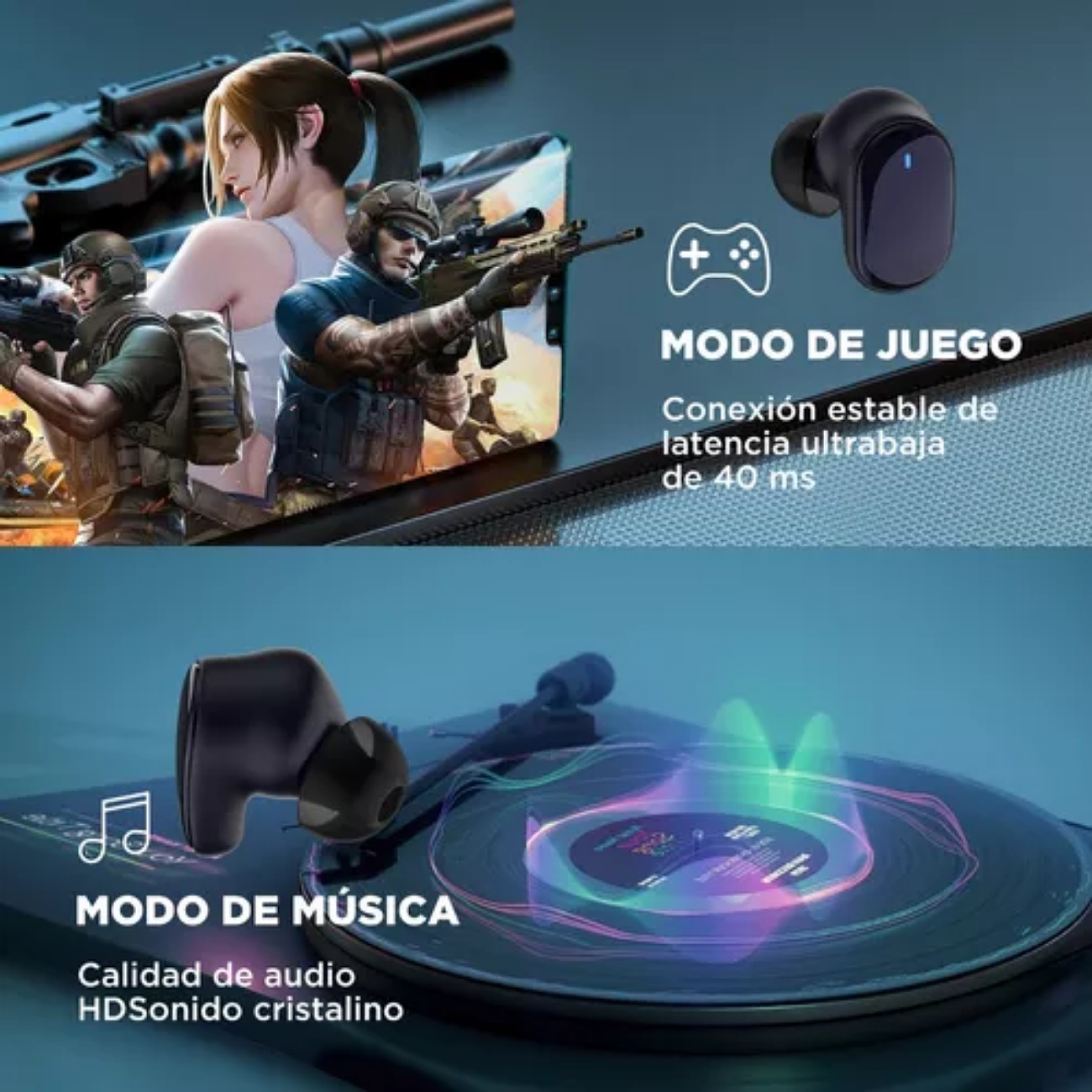 Audífonos in-ear gamer inalámbricos HTC TWS7 negro con luz LED