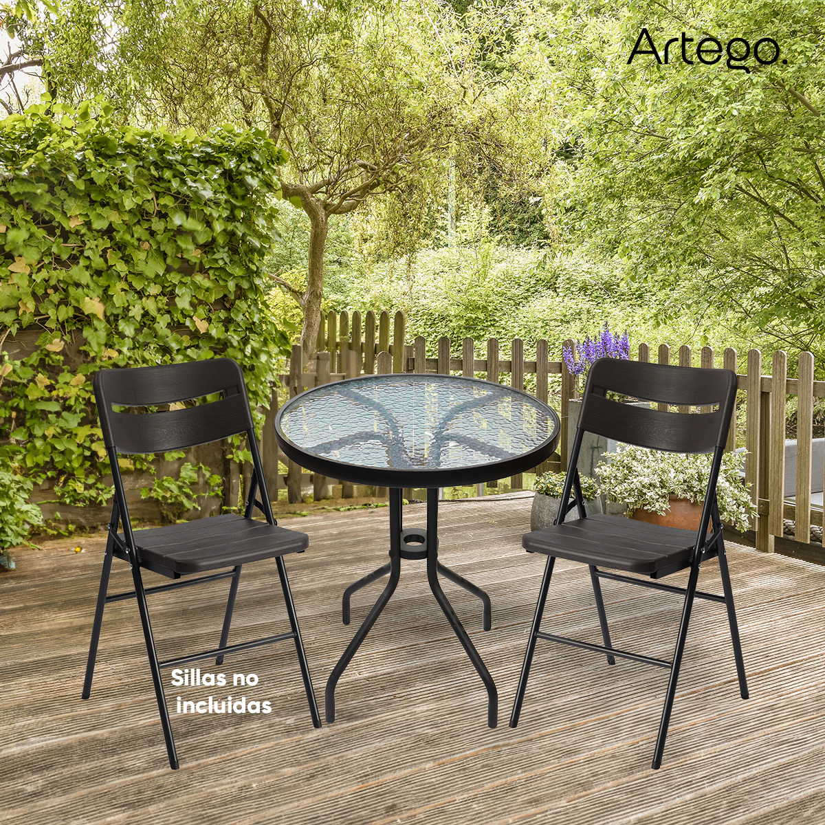 Mesa circular de vidrio estructura de acero mesa compacta para terraza jardín balcón de 60cm.