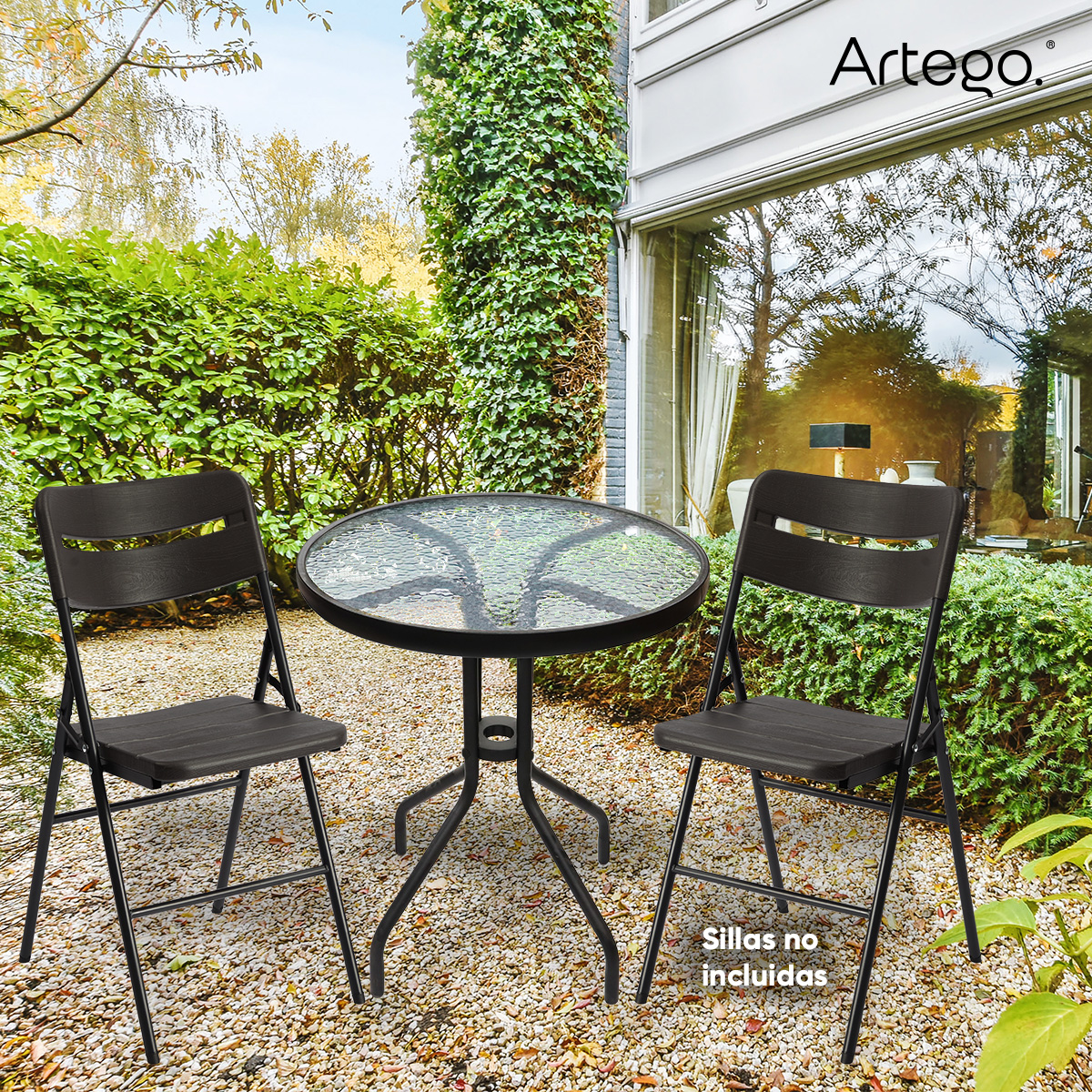 Mesa circular de vidrio estructura de acero mesa compacta para terraza jardín balcón de 60cm.