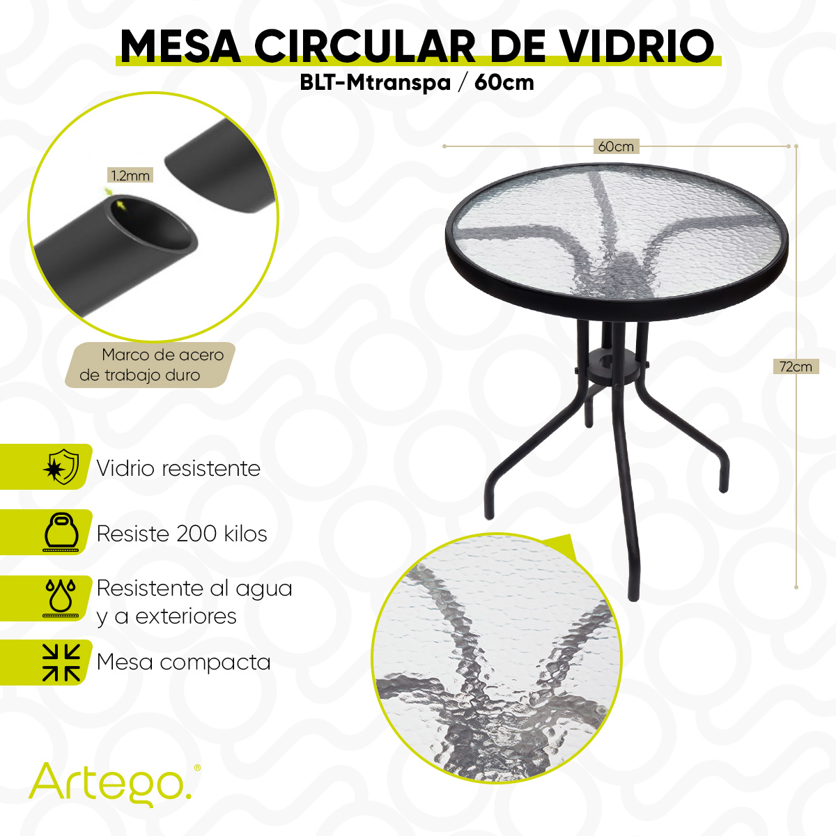 Mesa circular de vidrio estructura de acero mesa compacta para terraza jardín balcón de 60cm.