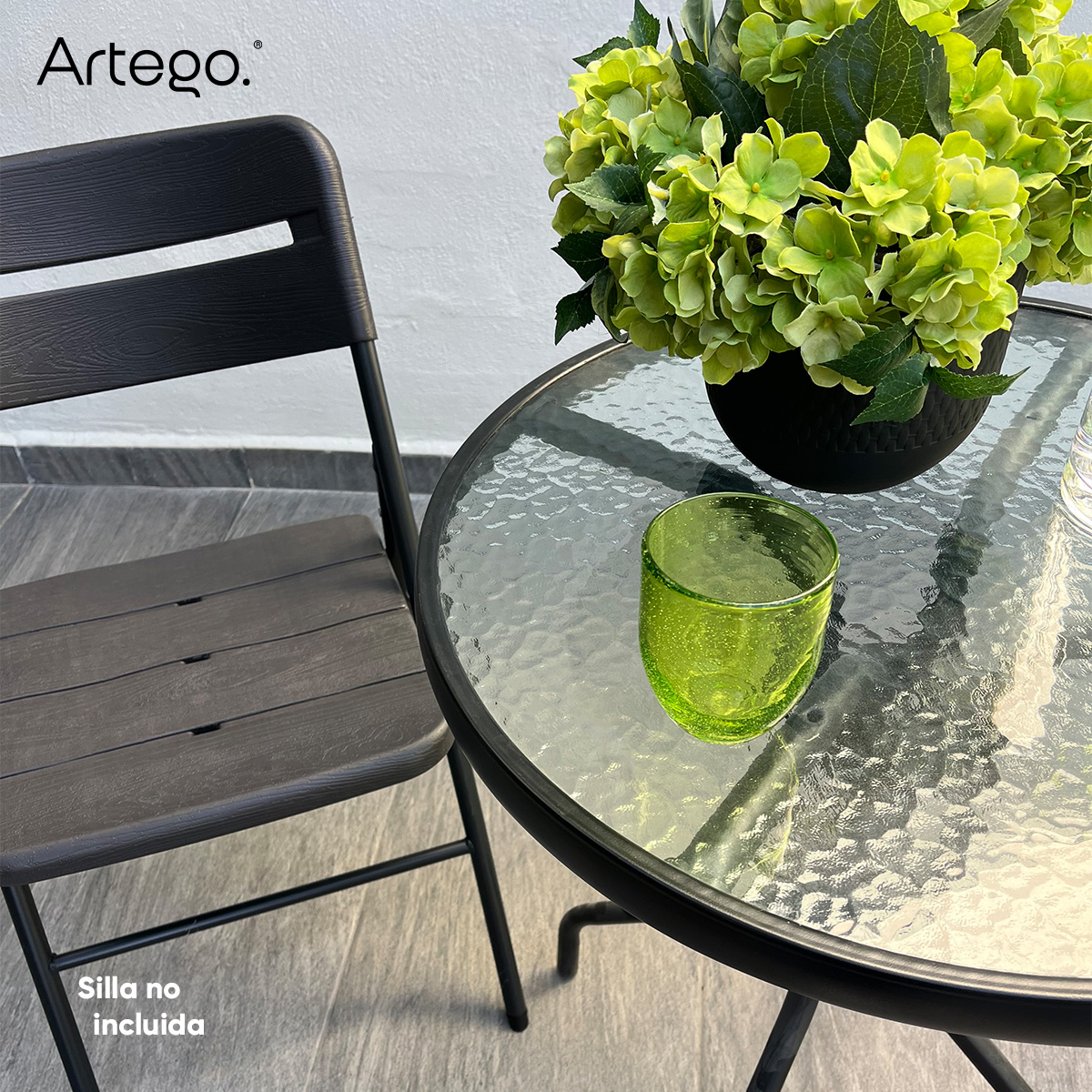 Mesa circular de vidrio estructura de acero mesa compacta para terraza jardín balcón de 60cm.