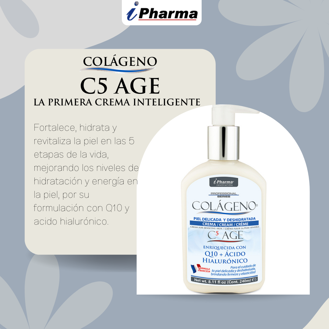 Crema con péptidos de Colágeno de tipo I, III, IIV, VII y XVII enriquecido con Ácido Hialurónico, Q10 colágeno C5 AGE  240 ml I Pharma  .