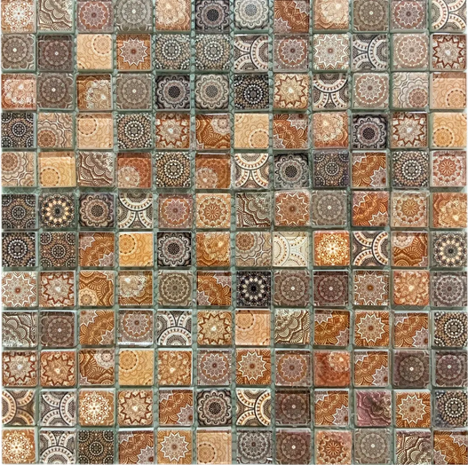Malla o Mosaico Decorativo de vidrio AZT, medida 30 x 30 cms. (base por altura). Diseño tipo colonial en tonos cafés. Caja de 5 piezas..