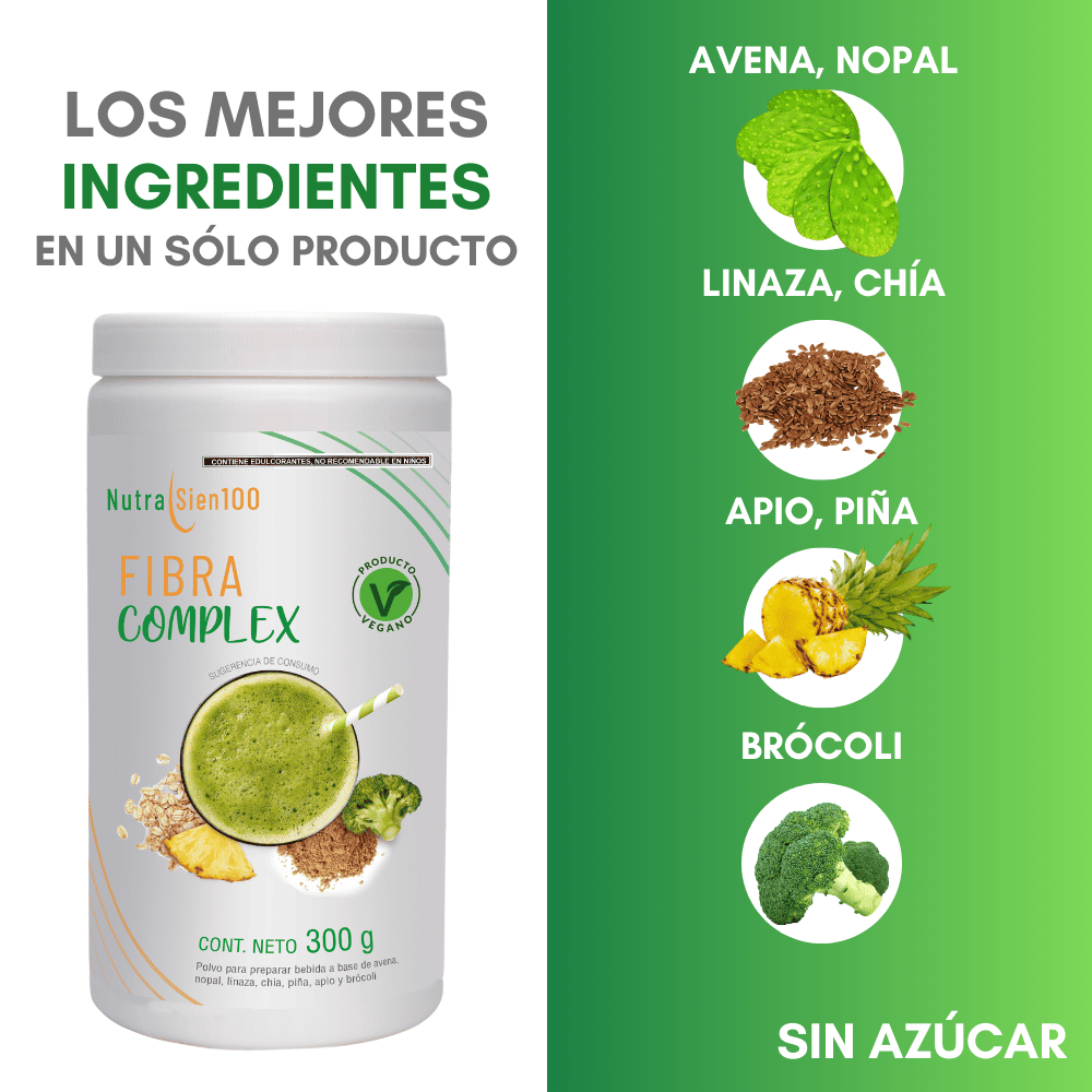 Nutrasien100. Fibra natural en Polvo Beneficia Salud Digestiva Regula Intestino Fortalece microbiota Sin Azúcar 20 porciones Fibra complex Sabor PIña