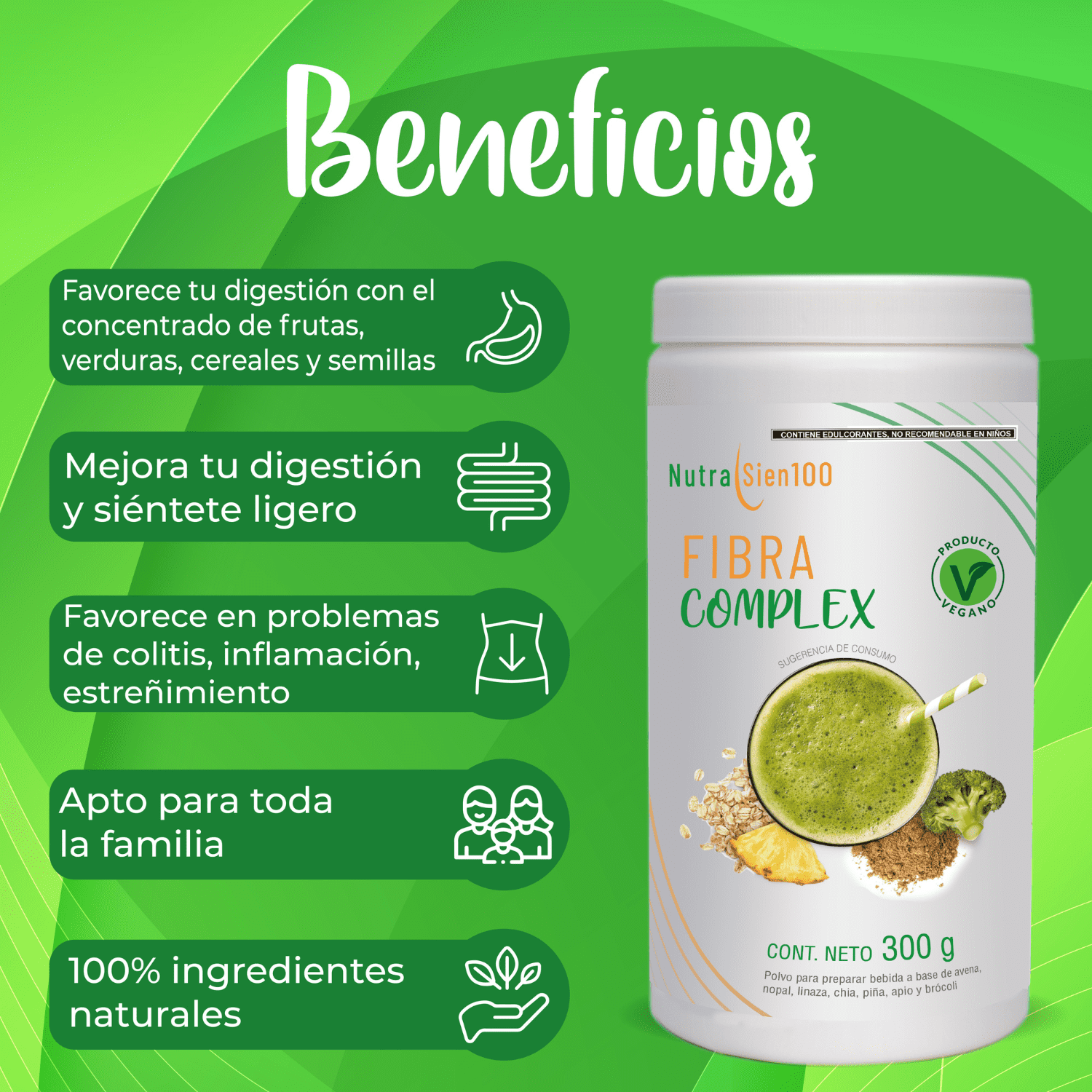 Nutrasien100. Fibra natural en Polvo Beneficia Salud Digestiva Regula Intestino Fortalece microbiota Sin Azúcar 20 porciones Fibra complex Sabor PIña