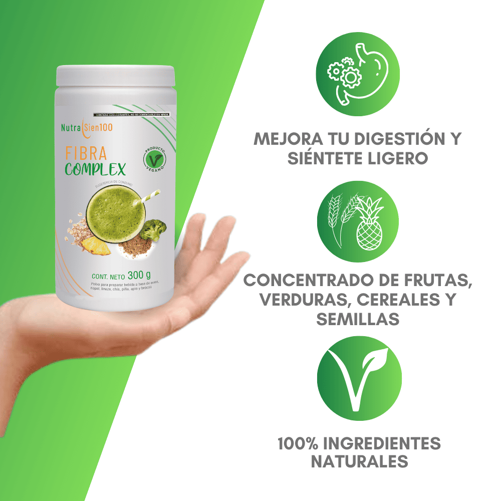 Nutrasien100. Fibra natural en Polvo Beneficia Salud Digestiva Regula Intestino Fortalece microbiota Sin Azúcar 20 porciones Fibra complex Sabor PIña