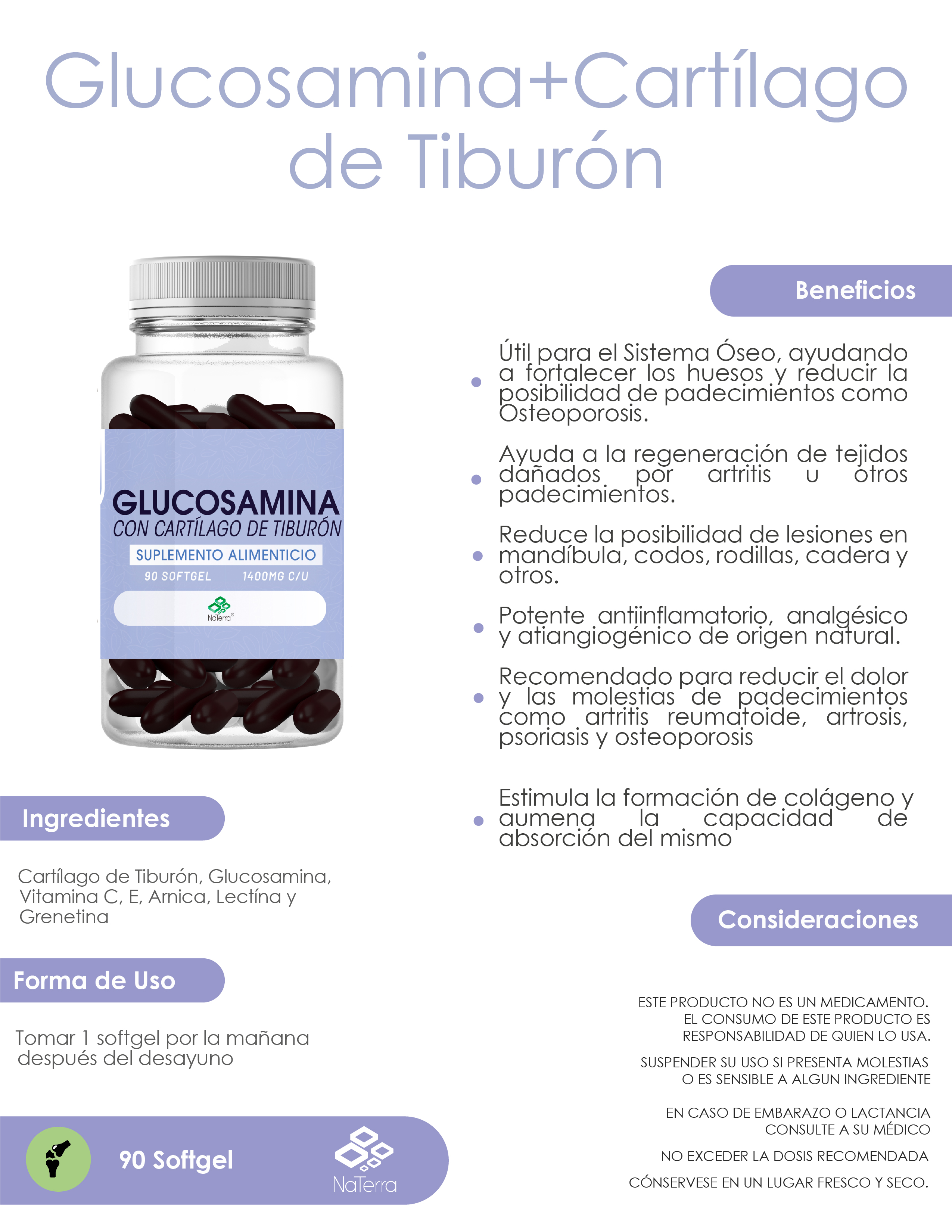 Glucosamina con cartilago de T. NaTerra 90 gelcaps.