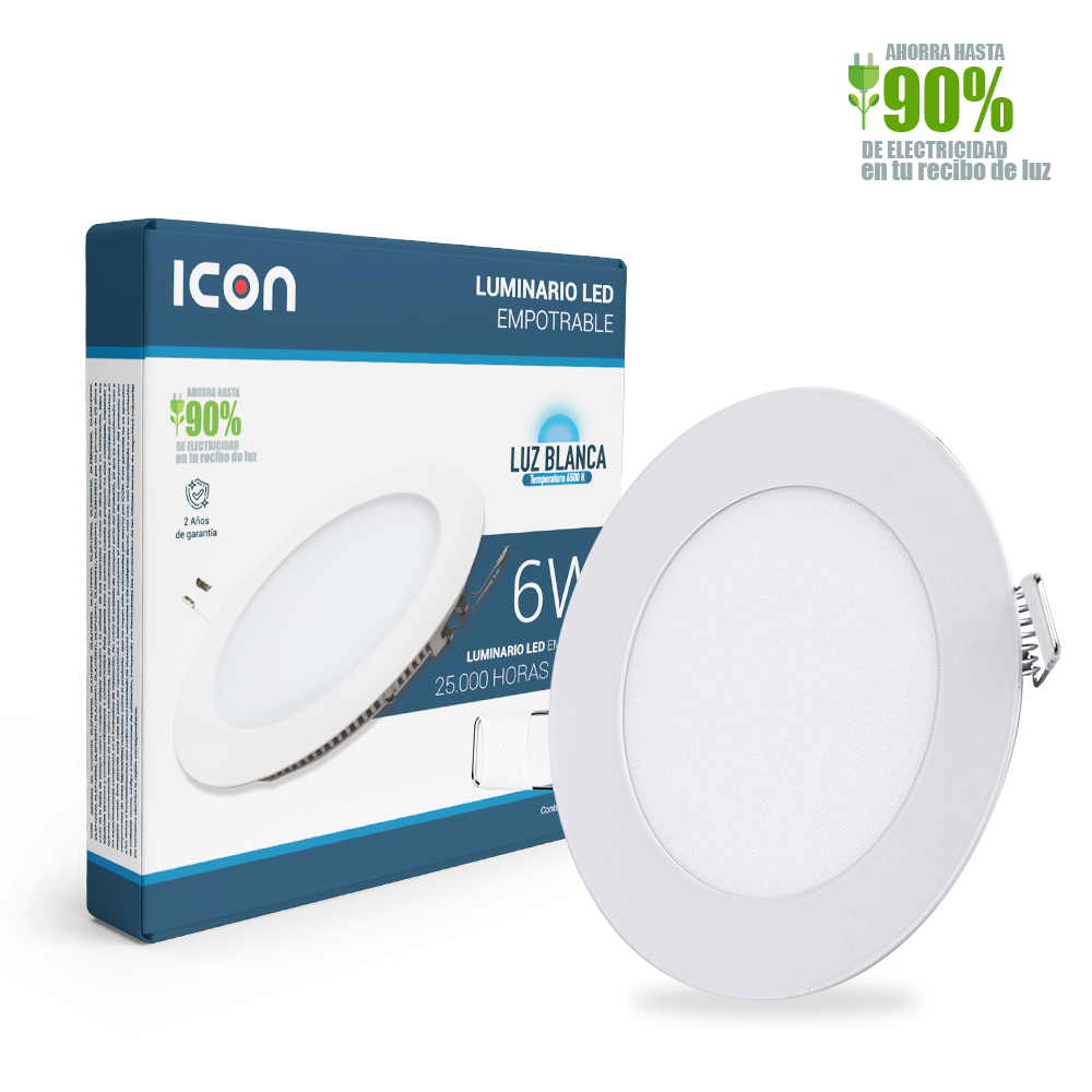 ICON Luminario Led Downlight Lámpara de Techo Empotrable 6W Luz Blanca 6500K