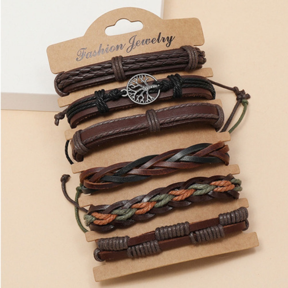 Brazalete De Hombre Cuero Vintage Set De 6 Dije Árbol, Color Café