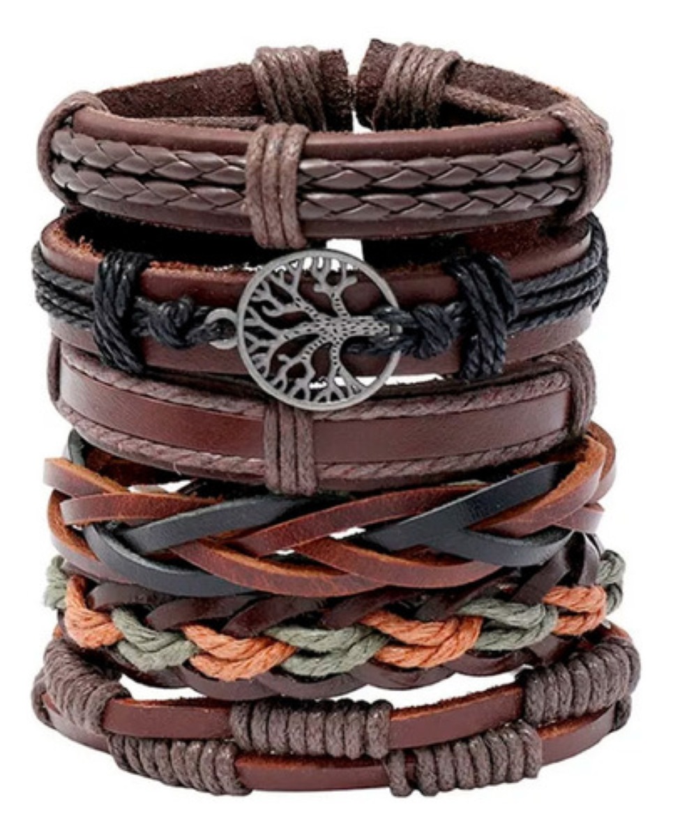 Brazalete De Hombre Cuero Vintage Set De 6 Dije Árbol, Color Café