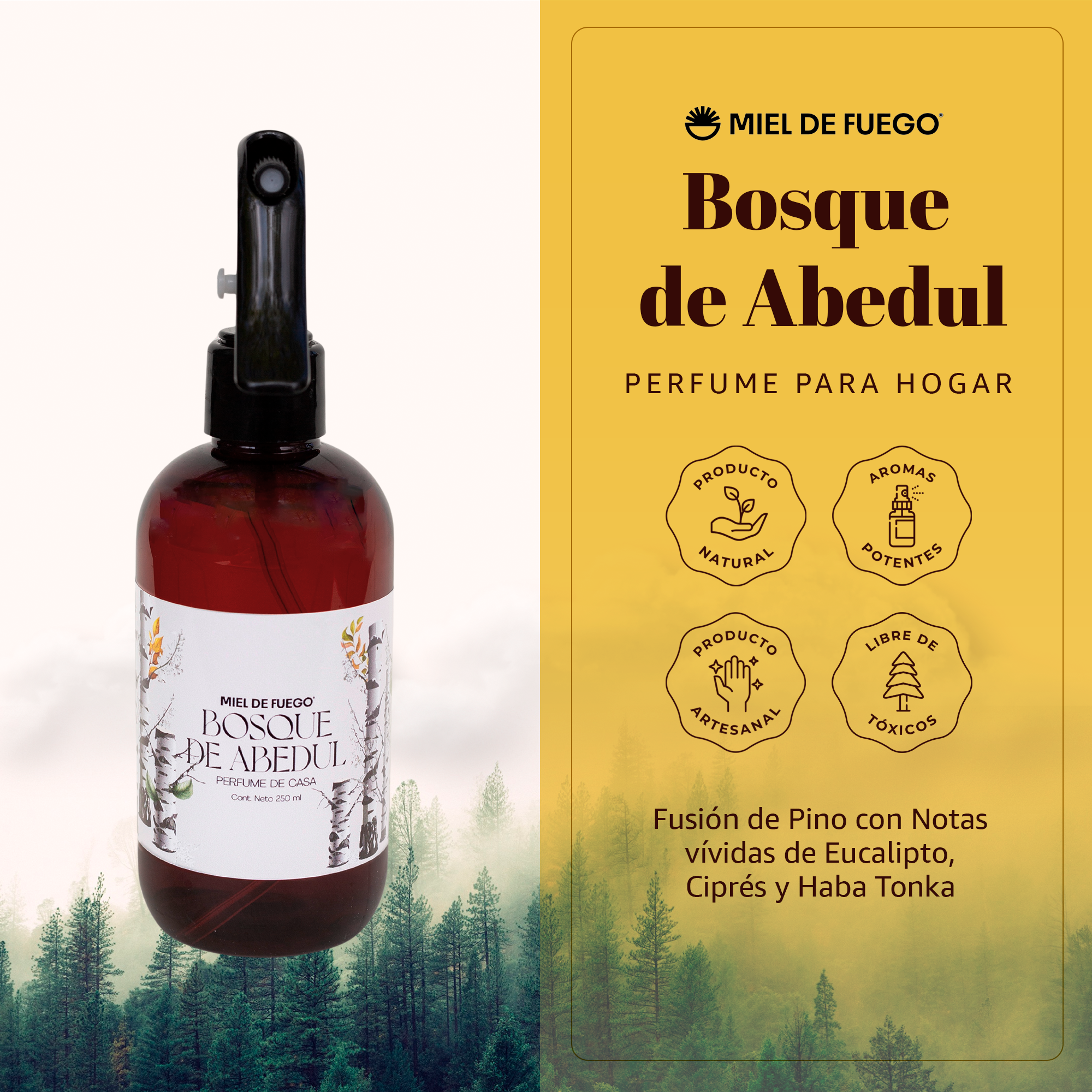 Perfume para Hogar 100% Natural – Aroma Bosque de Abedul | Aroma Duradero – 250 ml | Fusión de Pino con Notas Vívidas de Eucalipto, Ciprés y Haba Tonka.