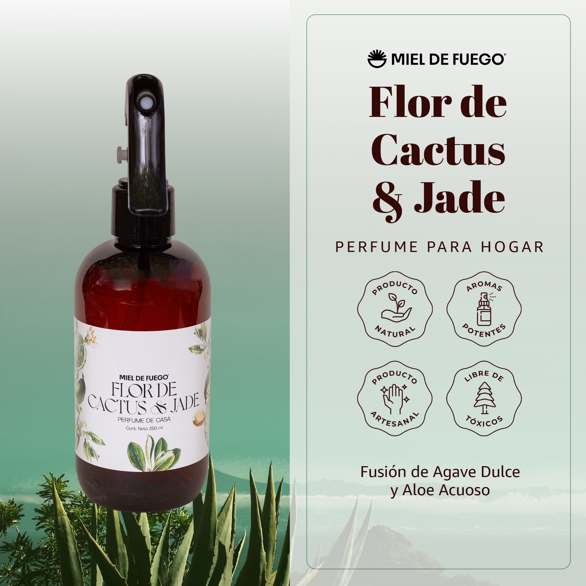 Perfume para Hogar 100% Natural – Aroma Flor de Cactus y Jade | Aroma Duradero – 250 ml |  Fusión de Agave Dulce y Aloe Acuoso .