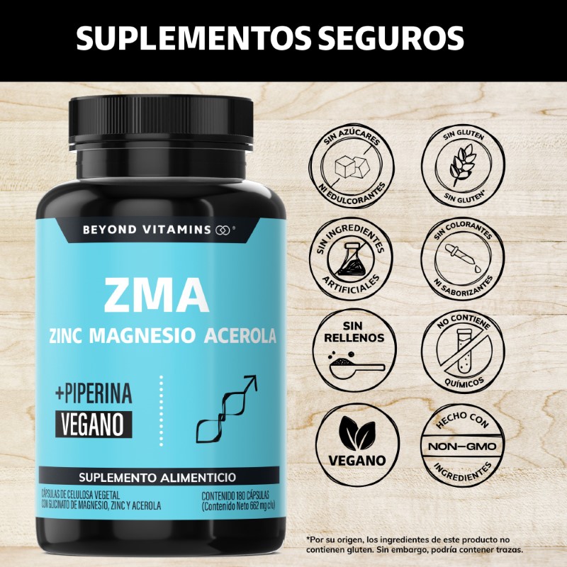 Suplemento Alimenticio ZMA Zinc Magnesio Acerola y Pimienta Negra Beyond Vitamins 180 cápsulas