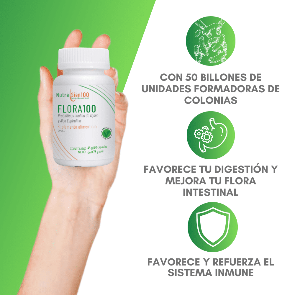 Nutrasien100 Flora100 PROBIÓTICOS 50 Billones y PREBIÓTICOS con fibra natural. Beneficia salud digestiva y salud inmune 60 Caps 