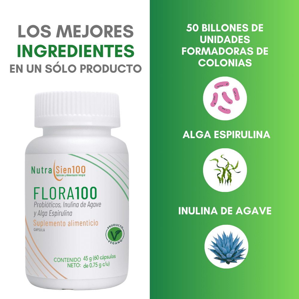 Nutrasien100 Flora100 PROBIÓTICOS 50 Billones y PREBIÓTICOS con fibra natural. Beneficia salud digestiva y salud inmune 60 Caps 
