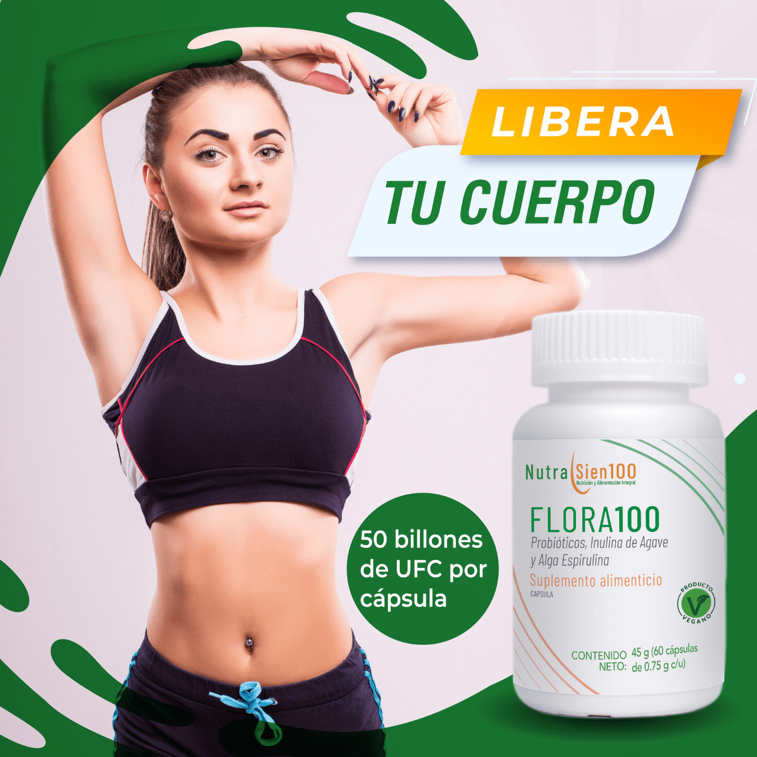 Nutrasien100 Flora100 PROBIÓTICOS 50 Billones y PREBIÓTICOS con fibra natural. Beneficia salud digestiva y salud inmune 60 Caps 