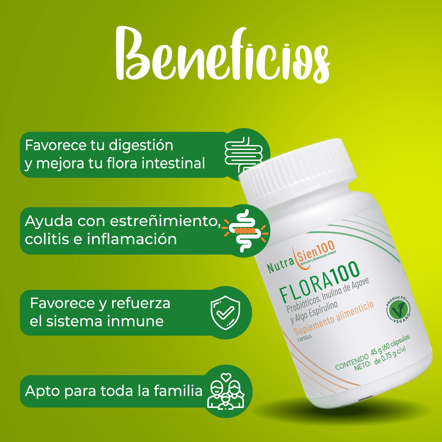 Nutrasien100 Flora100 PROBIÓTICOS 50 Billones y PREBIÓTICOS con fibra natural. Beneficia salud digestiva y salud inmune 60 Caps 