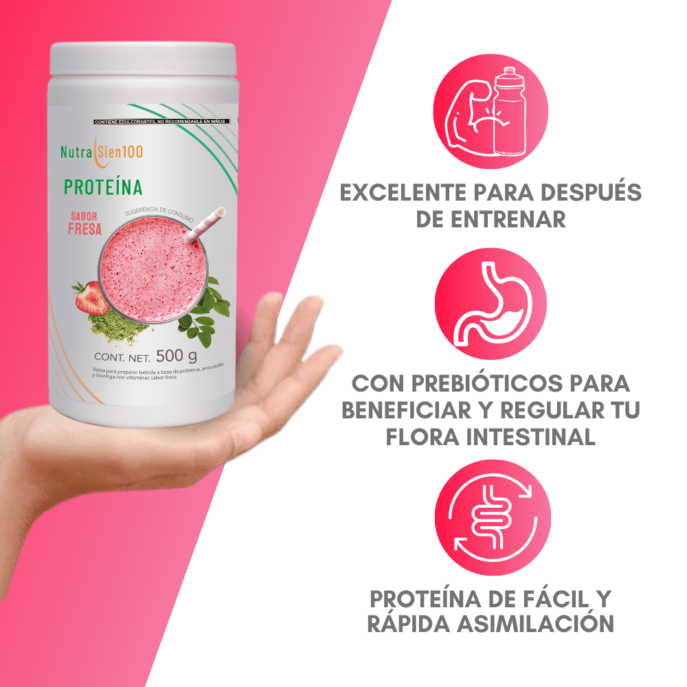 Nutrasien100 Proteína en polvo sabor Fresa 22 g proteína por porción Keto Pre workout Sin Azúcar 500g -17 porciones