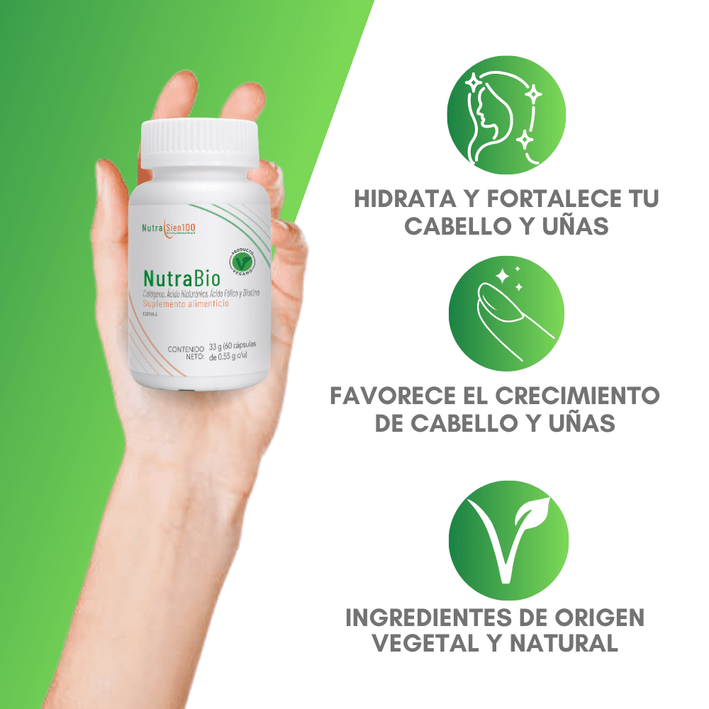 Nutrasien100 Nutrabio. Colágeno marino con Ácido Hialurónico, Biotina y Ácido fólico. Suplemento ideal para crecimiento de cabello y uñas. 30 Caps/30 días.