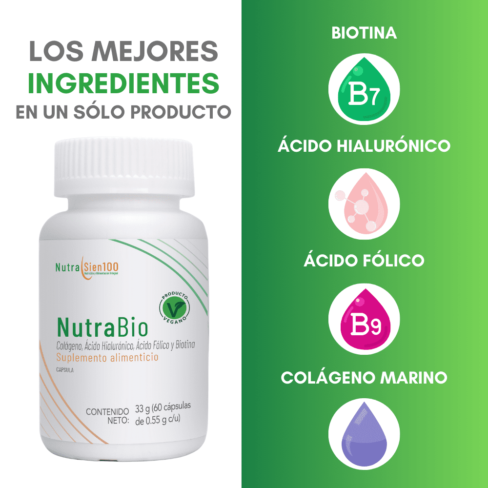 Nutrasien100 Nutrabio. Colágeno marino con Ácido Hialurónico, Biotina y Ácido fólico. Suplemento ideal para crecimiento de cabello y uñas. 30 Caps/30 días.