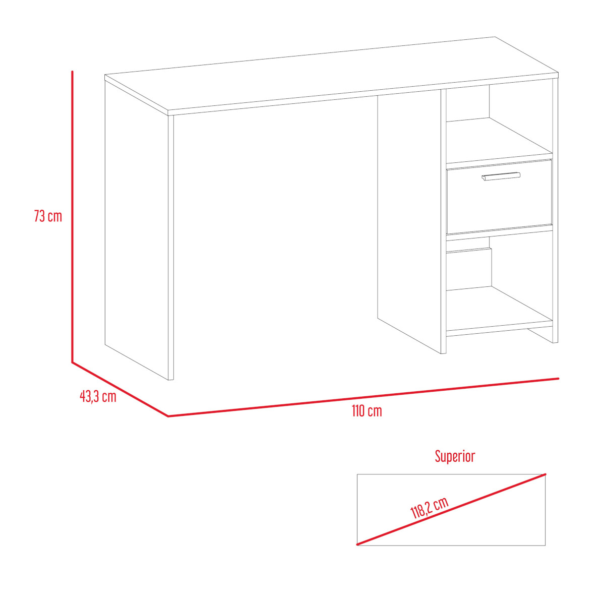 ESCRITORIO ARMABLE IDEAL PARA OFICINA O EL HOME OFFICE CON DOS ENTREPAÑOS Y UN CAJON .