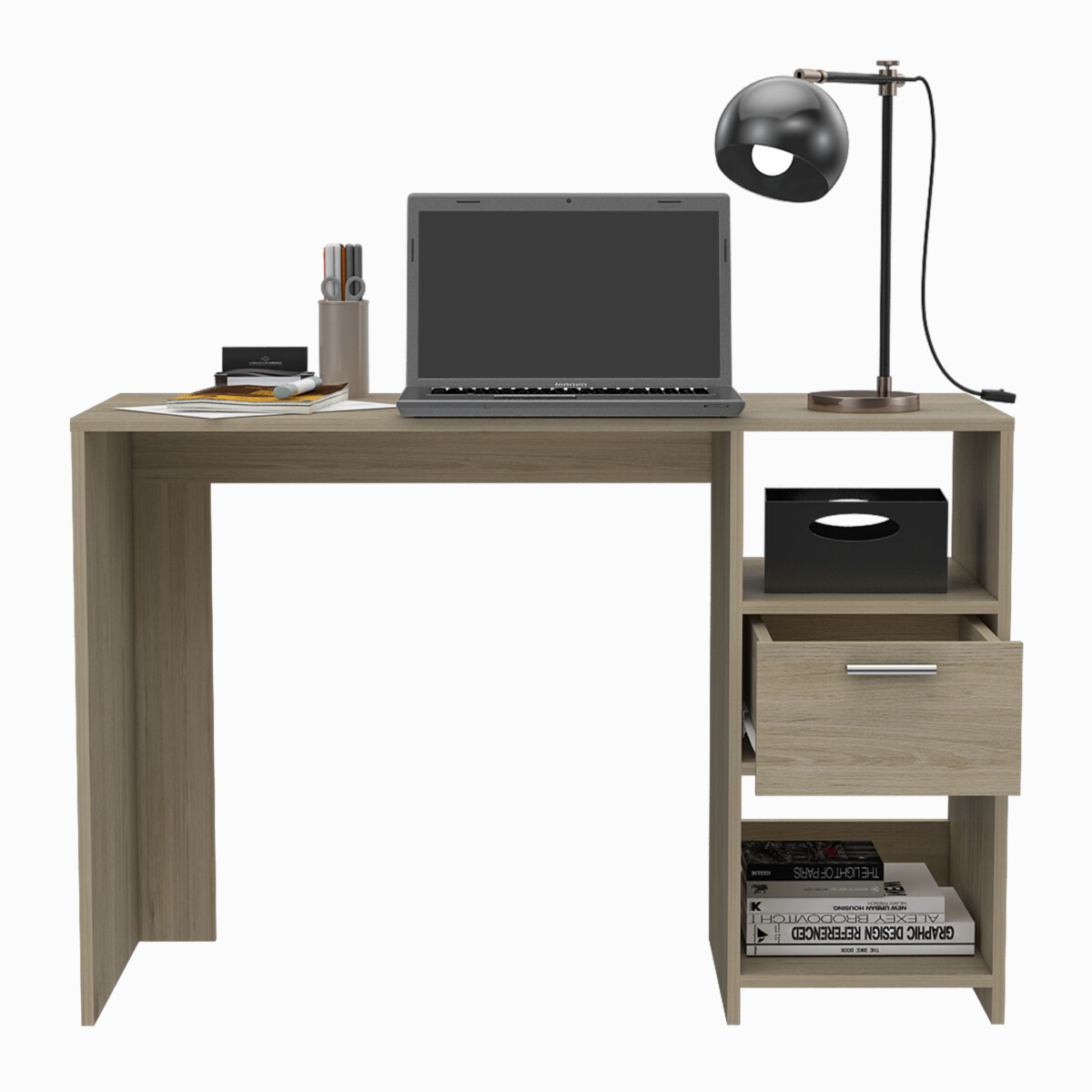ESCRITORIO ARMABLE IDEAL PARA OFICINA O EL HOME OFFICE CON DOS ENTREPAÑOS Y UN CAJON .