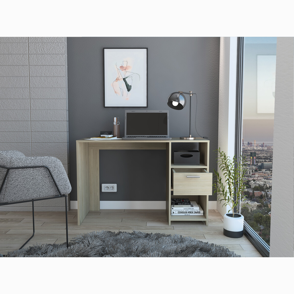 ESCRITORIO ARMABLE IDEAL PARA OFICINA O EL HOME OFFICE CON DOS ENTREPAÑOS Y UN CAJON .