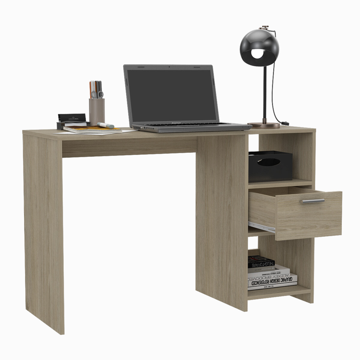 ESCRITORIO ARMABLE IDEAL PARA OFICINA O EL HOME OFFICE CON DOS ENTREPAÑOS Y UN CAJON .