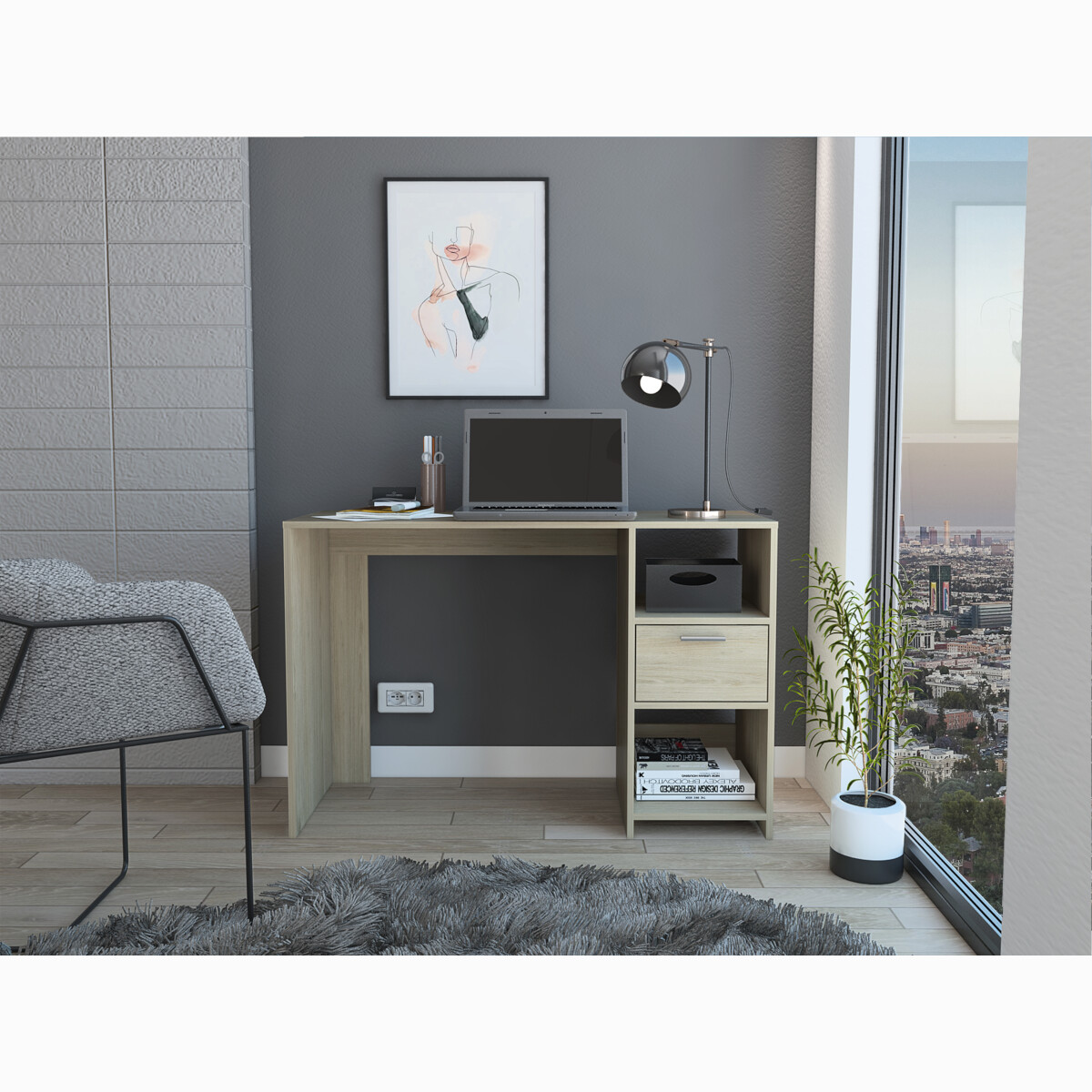 ESCRITORIO ARMABLE IDEAL PARA OFICINA O EL HOME OFFICE CON DOS ENTREPAÑOS Y UN CAJON .