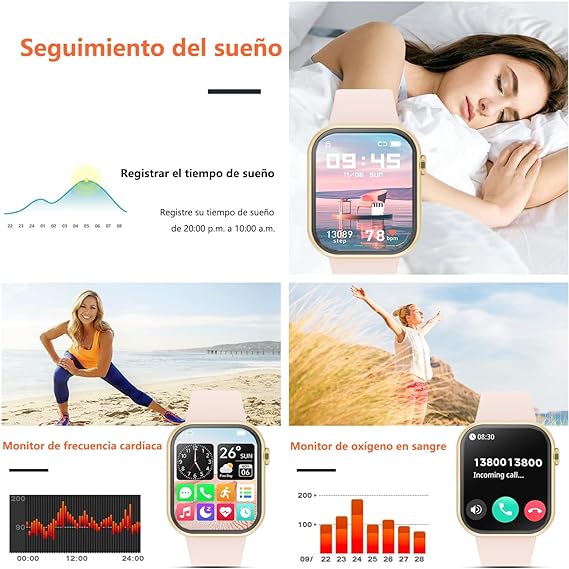 QIKKOP Smartwatch Reloj Inteligente Mujer de 2" - Llamadas Bluetooth Reloj Dama, Monitor De Frecuencia Cardíaca/Sueño, Impermeable IP67, Pulsera Deportivos para iPhone Andriod(Correa Rosa + Beige).
