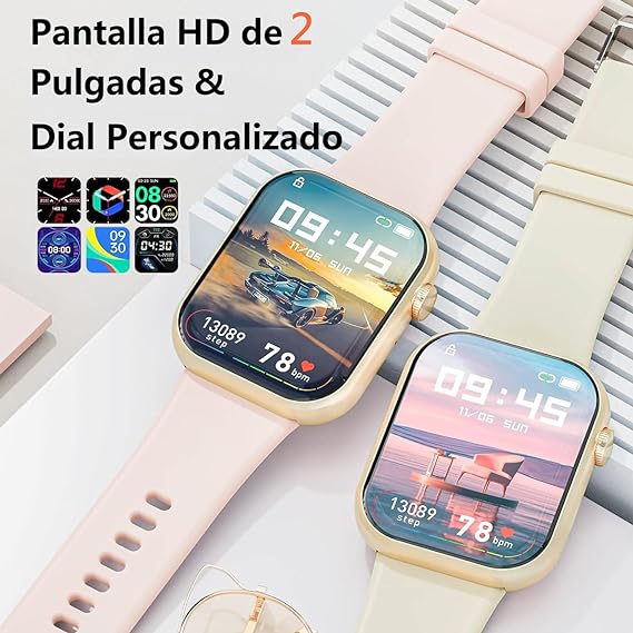 QIKKOP Smartwatch Reloj Inteligente Mujer de 2" - Llamadas Bluetooth Reloj Dama, Monitor De Frecuencia Cardíaca/Sueño, Impermeable IP67, Pulsera Deportivos para iPhone Andriod(Correa Rosa + Beige).