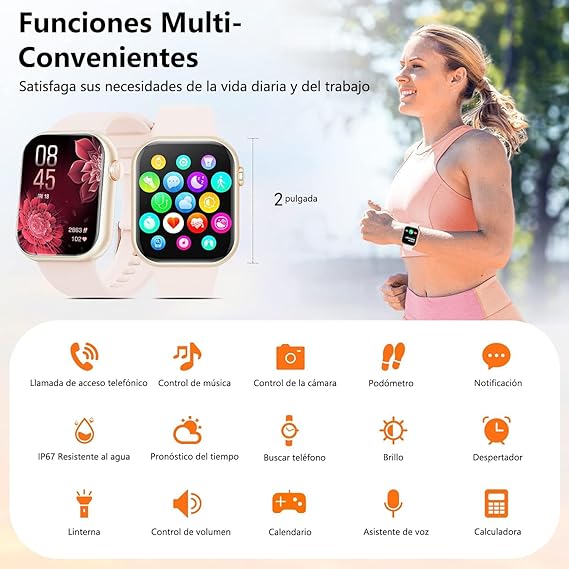 QIKKOP Smartwatch Reloj Inteligente Mujer de 2" - Llamadas Bluetooth Reloj Dama, Monitor De Frecuencia Cardíaca/Sueño, Impermeable IP67, Pulsera Deportivos para iPhone Andriod(Correa Rosa + Beige).