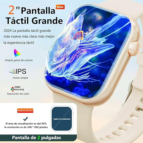 QIKKOP Smartwatch Reloj Inteligente Mujer de 2" - Llamadas Bluetooth Reloj Dama, Monitor De Frecuencia Cardíaca/Sueño, Impermeable IP67, Pulsera Deportivos para iPhone Andriod(Correa Rosa + Beige).