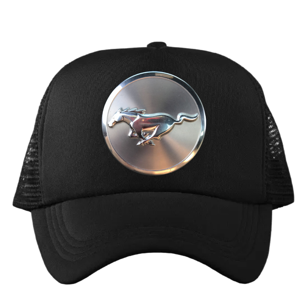 Gorra negra con logo mustang Trucker de malla estampado premium HD tela termoadhesiva.