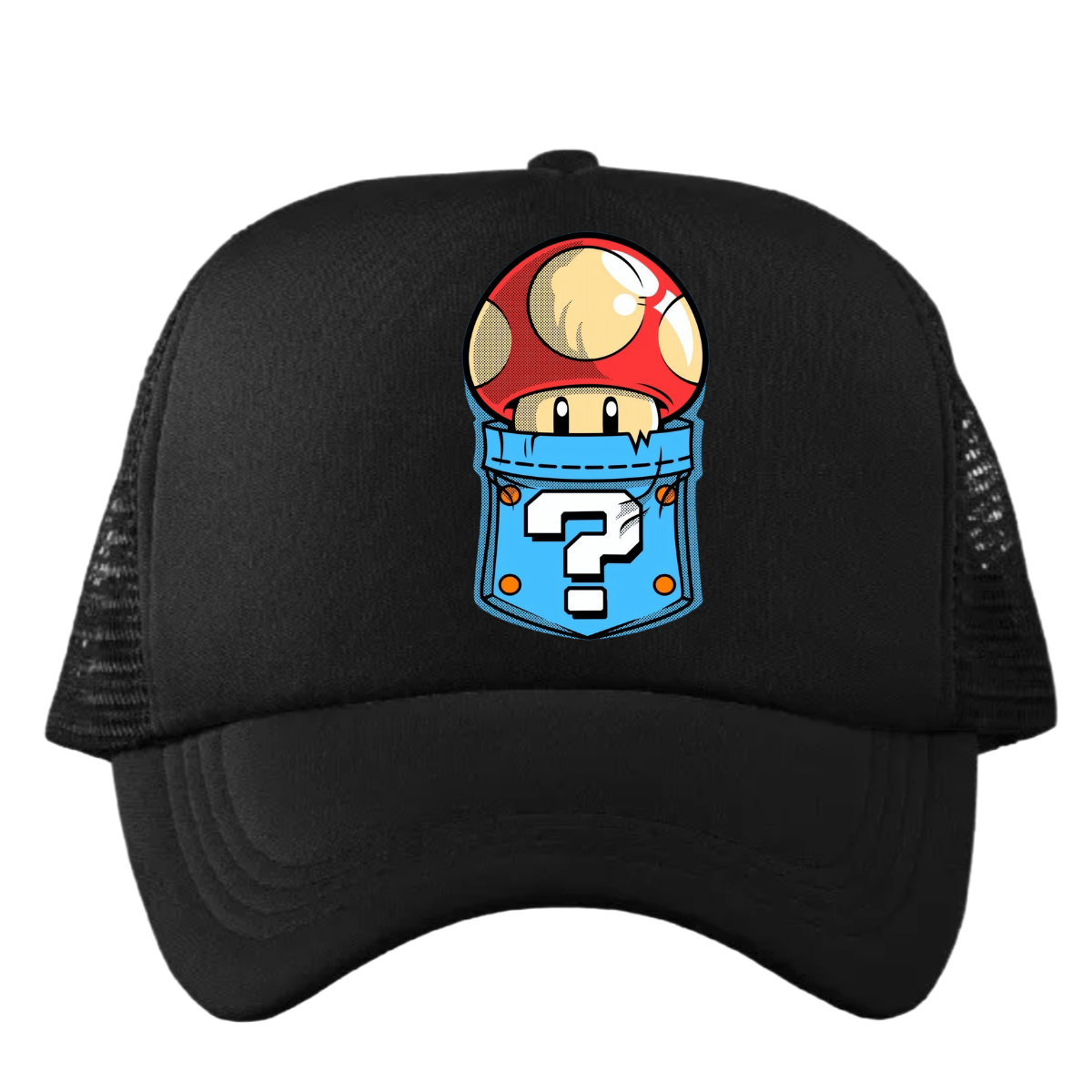 Gorra Negra Super mario bros Honguito Trucker de malla estampado preimum HD tela termoadhesiva.