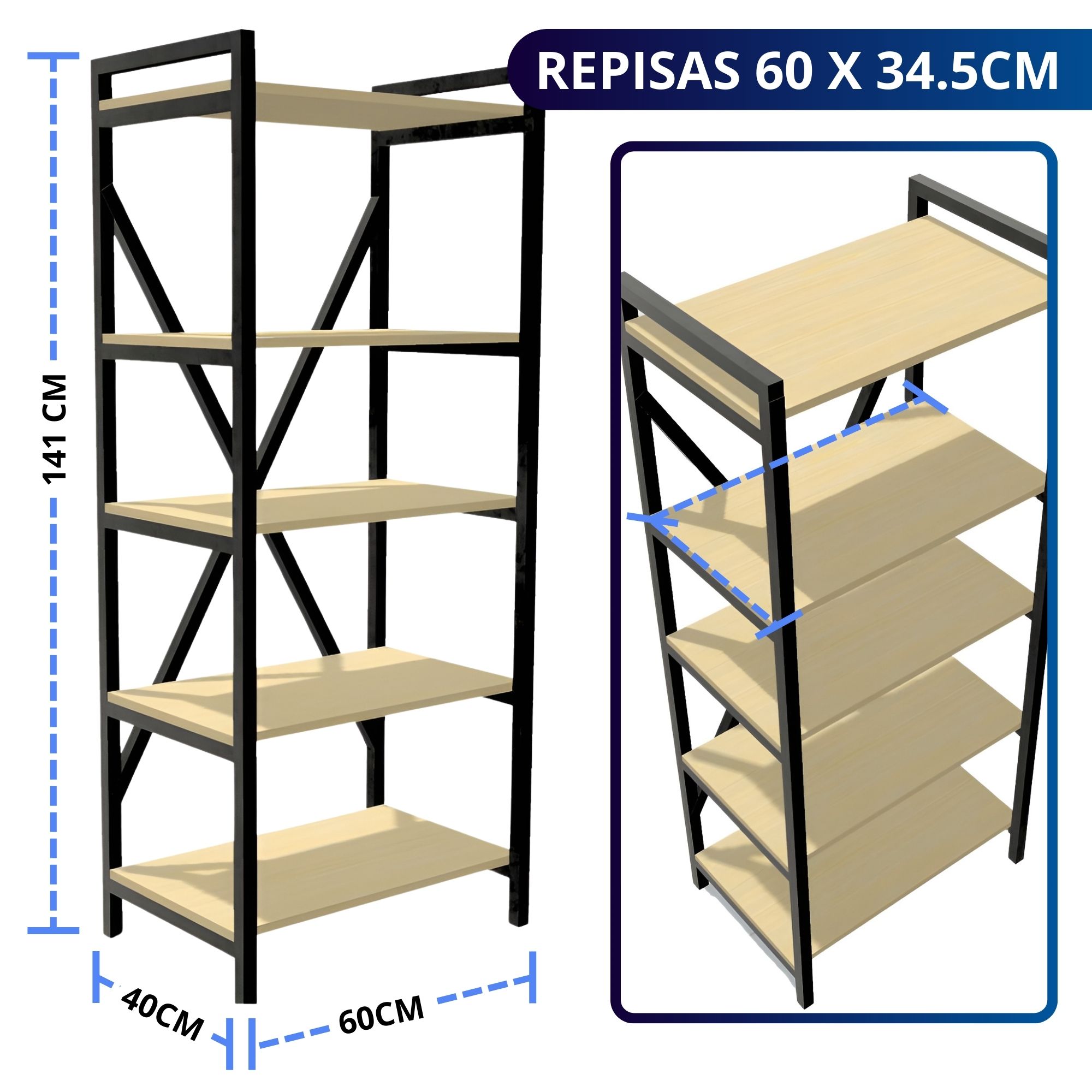 Librero De Madera Minimalista Ecomlab Repisa Metal 5 Niveles.
