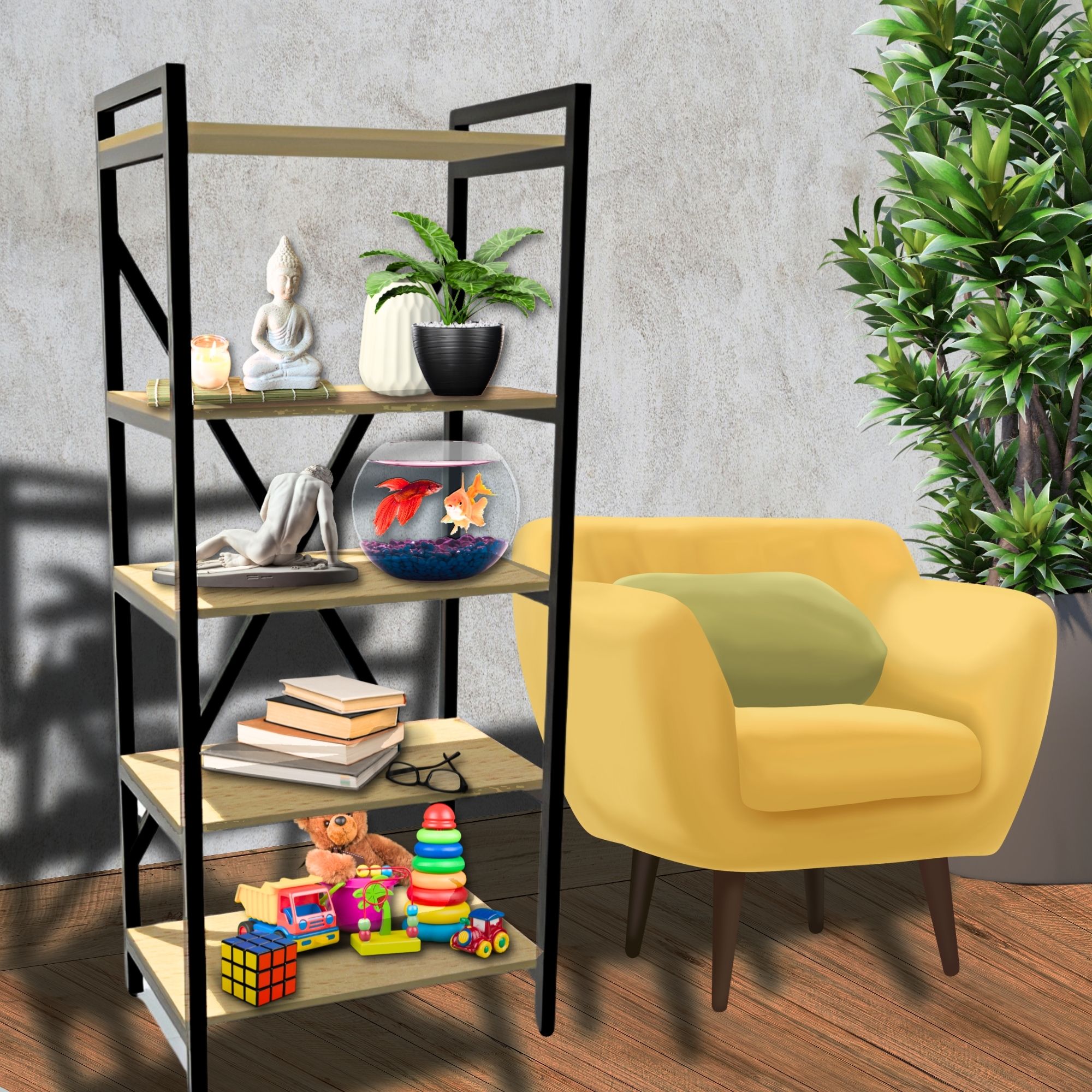 Librero De Madera Minimalista Ecomlab Repisa Metal 5 Niveles.
