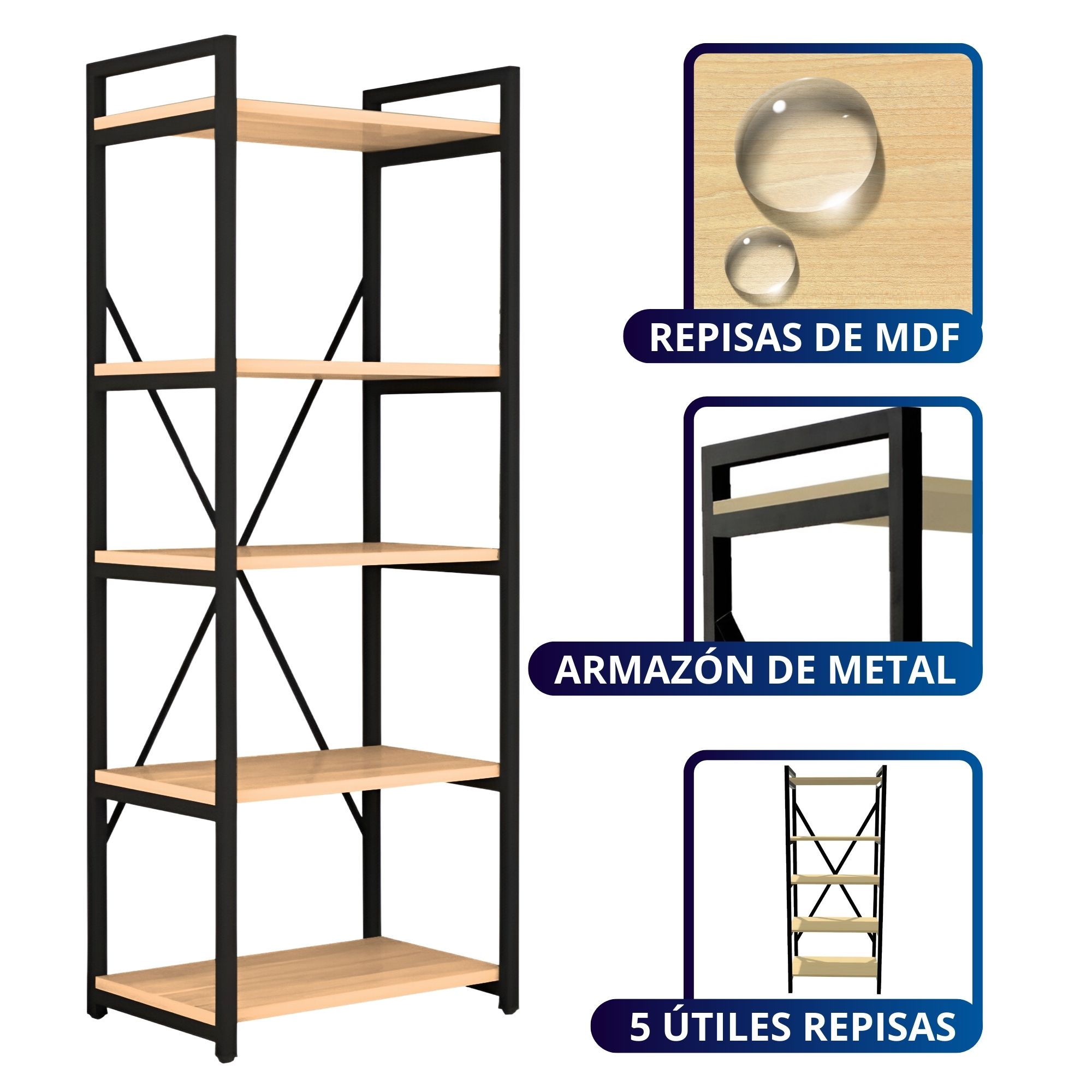Librero De Madera Minimalista Ecomlab Repisa Metal 5 Niveles.