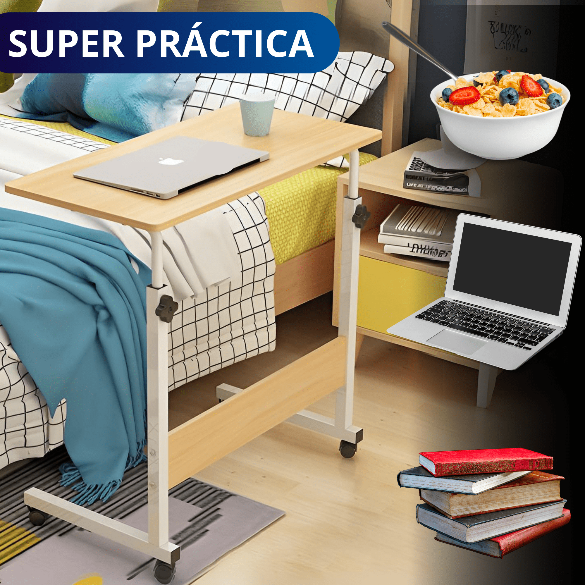 Mesa Lateral Minimalista Con Ruedas Ecomlab Altura Ajustable.