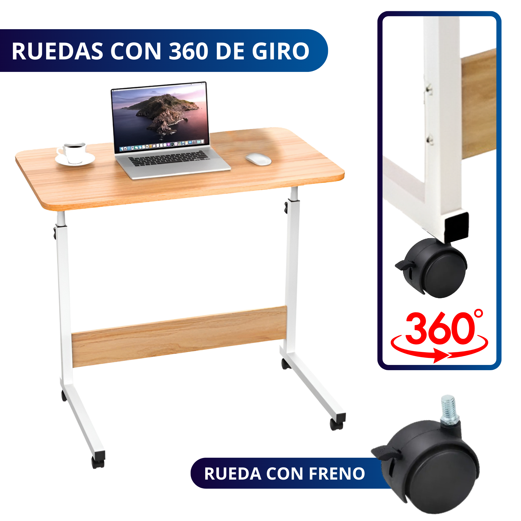Mesa Lateral Minimalista Con Ruedas Ecomlab Altura Ajustable.