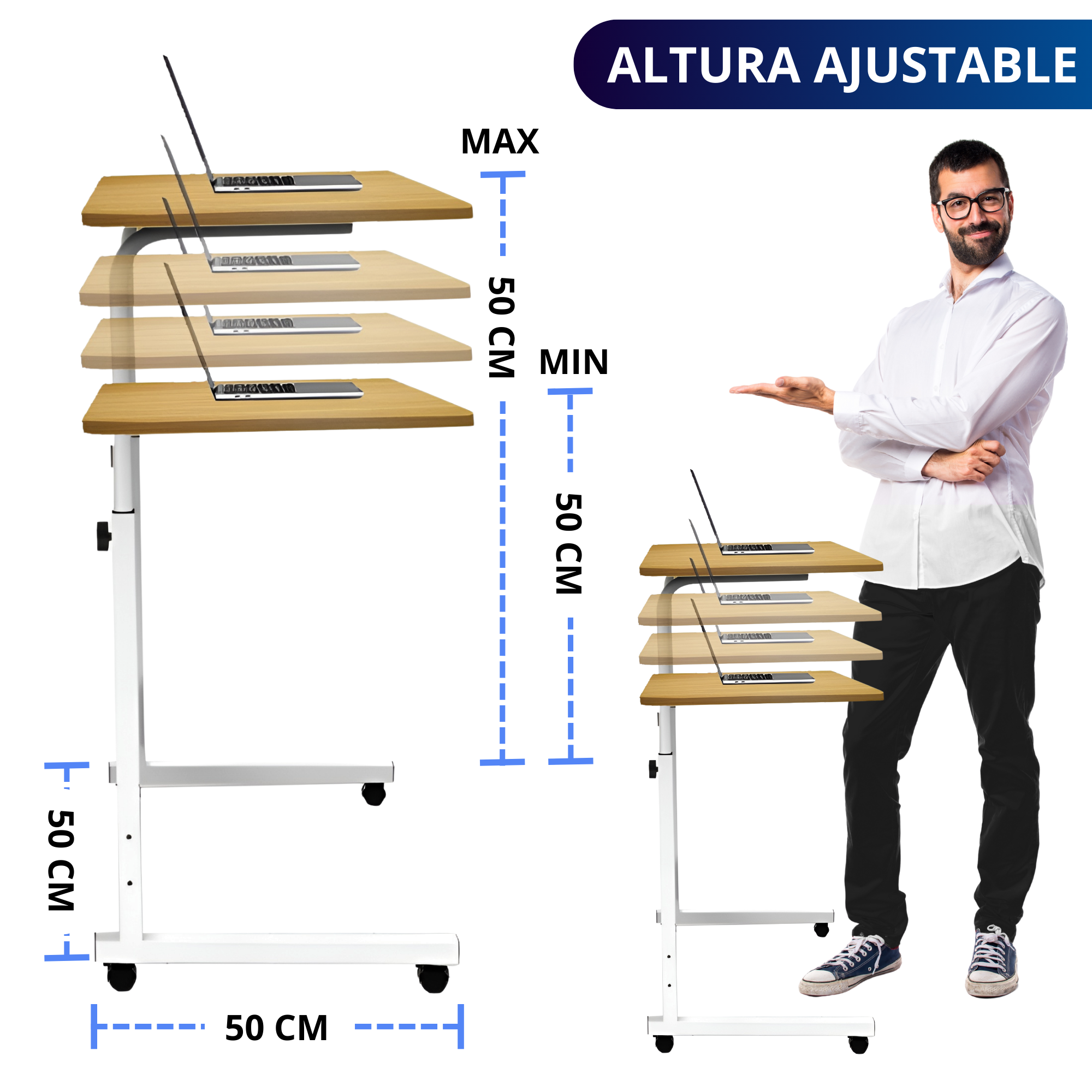 Mesa Lateral Minimalista Con Ruedas Ecomlab Altura Ajustable.