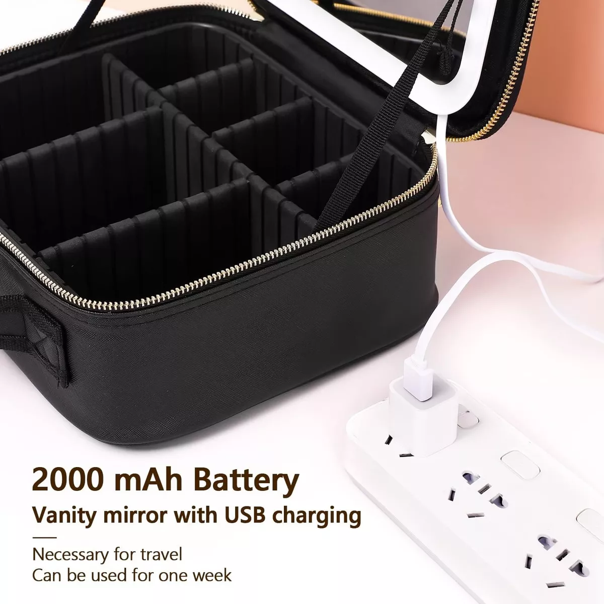Estuche Maquillaje Inteligente Espejo Luz Led 3modo Portátil Negro.