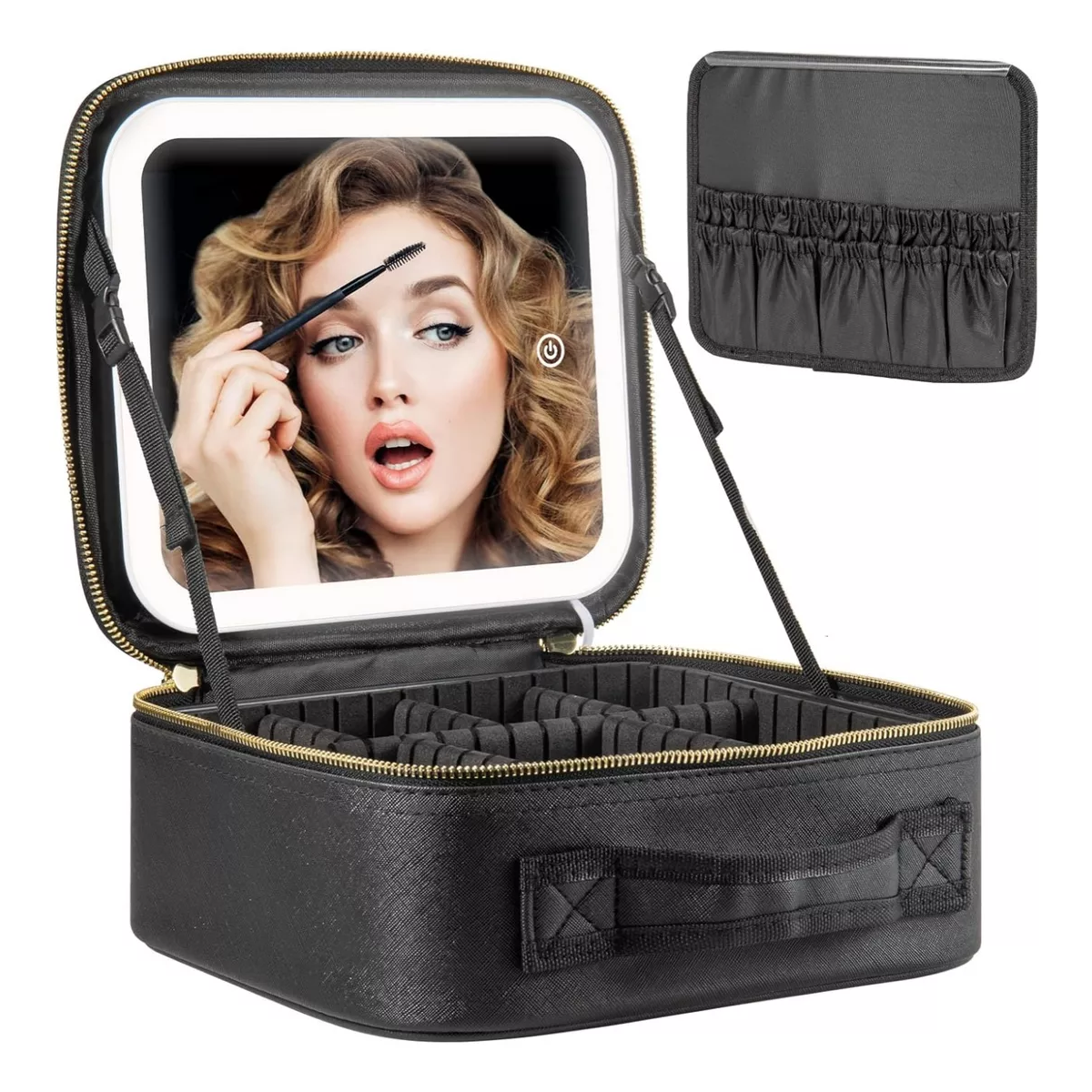 Estuche Maquillaje Inteligente Espejo Luz Led 3modo Portátil Negro.