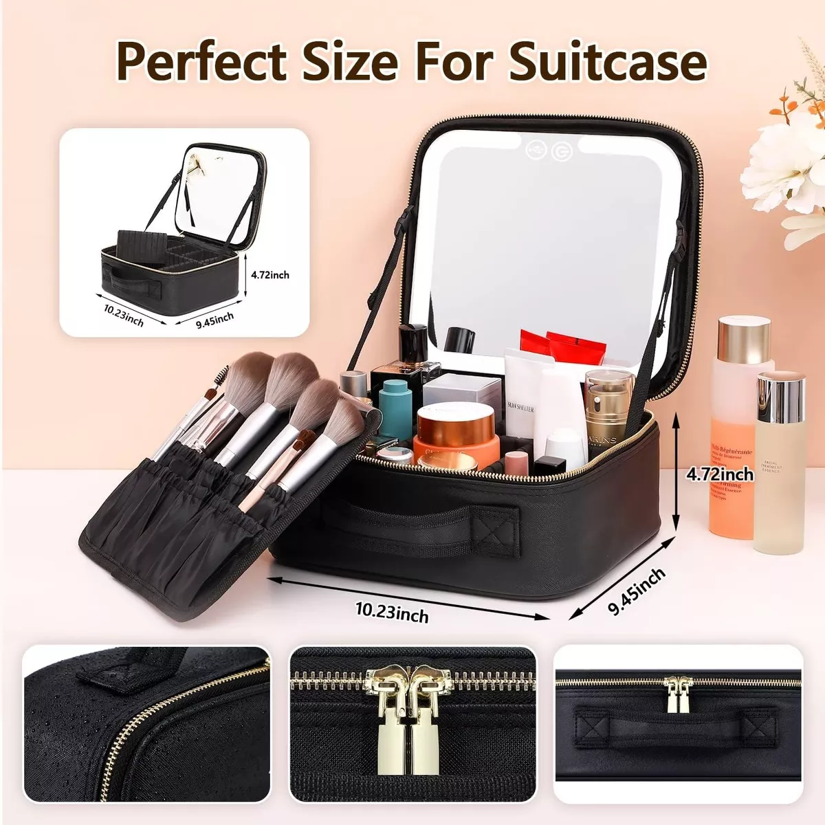 Estuche Maquillaje Inteligente Espejo Luz Led 3modo Portátil Negro.