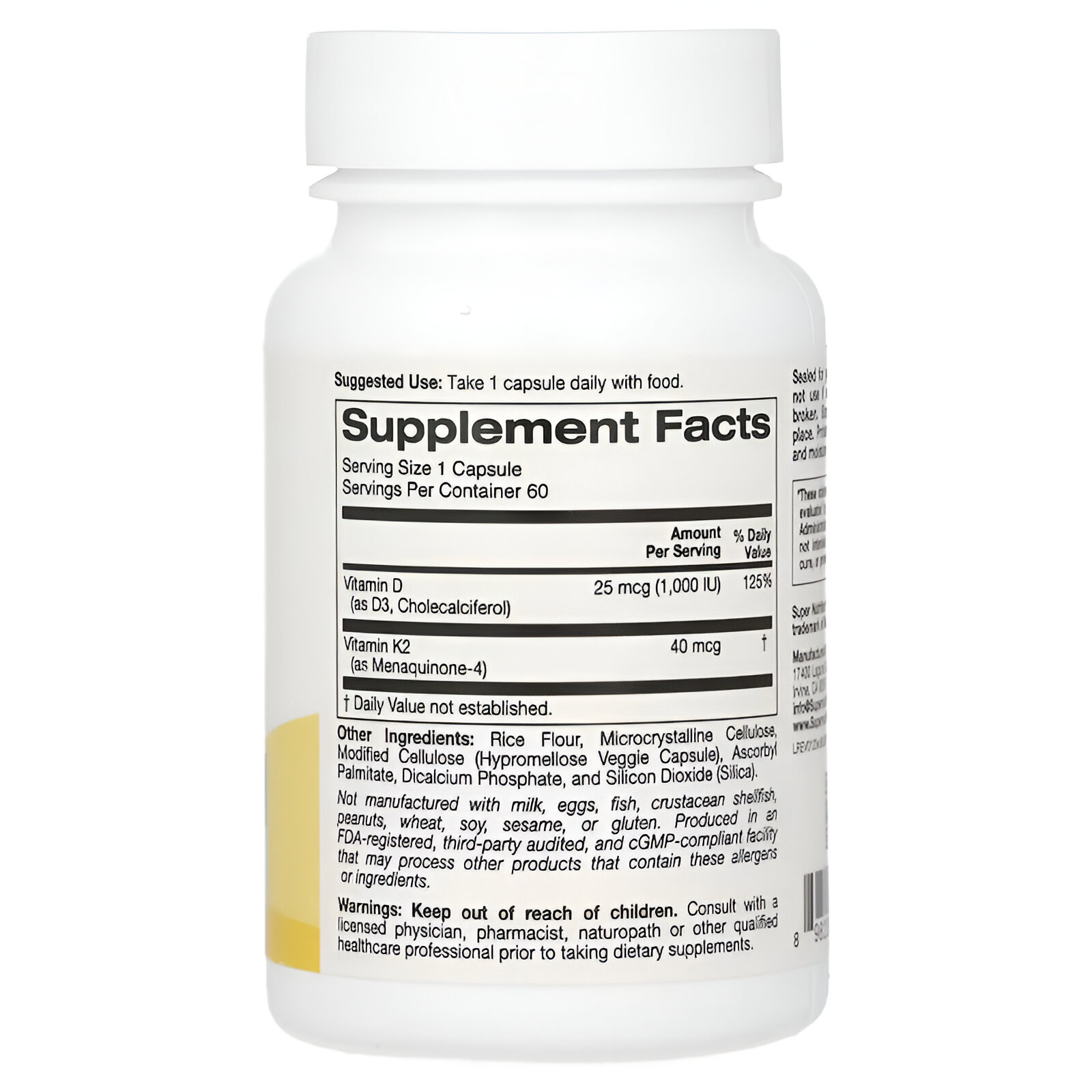 Vitaminas D3 y K2, 60 cápsulas vegetales.