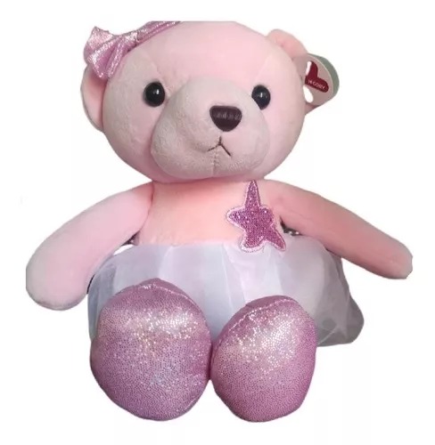 Peluche Suave Osita Bailarina Con Moño Y Estrella Regalo Rosa.