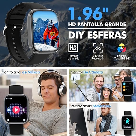 Lostrain Reloj Inteligente Hombre y Mujer,Smartwatch Deportivo 1.96" HD Pantalla táctil con Llamada Bluetooth,Pulsera Inteligente Impermeable IP68 Monitor De Frecuencia Cardíaca/SPO2/Presión Arterial.