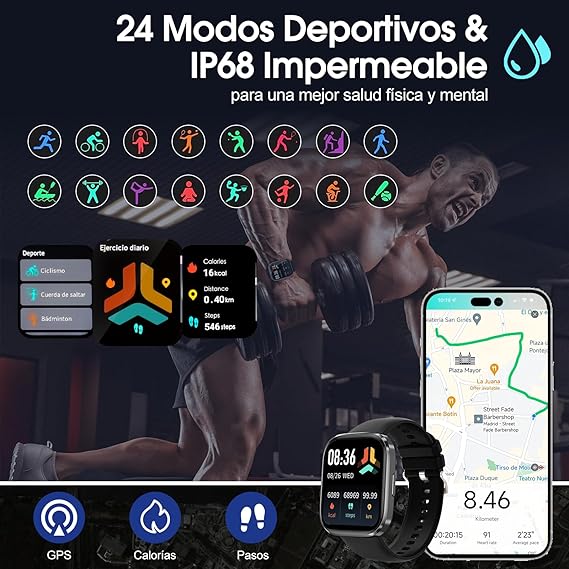 Lostrain Reloj Inteligente Hombre y Mujer,Smartwatch Deportivo 1.96" HD Pantalla táctil con Llamada Bluetooth,Pulsera Inteligente Impermeable IP68 Monitor De Frecuencia Cardíaca/SPO2/Presión Arterial.